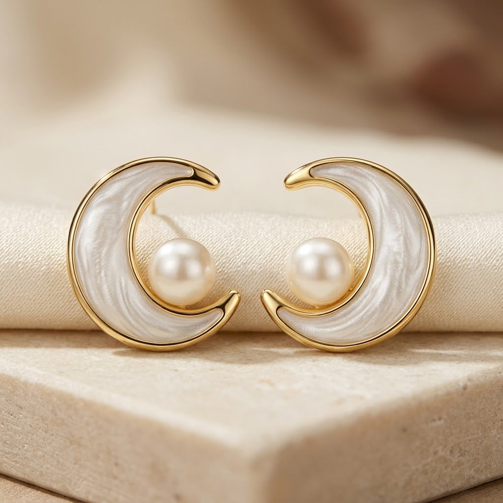 Boucles d'oreilles puces Lune et Perle Tourbillon Doré