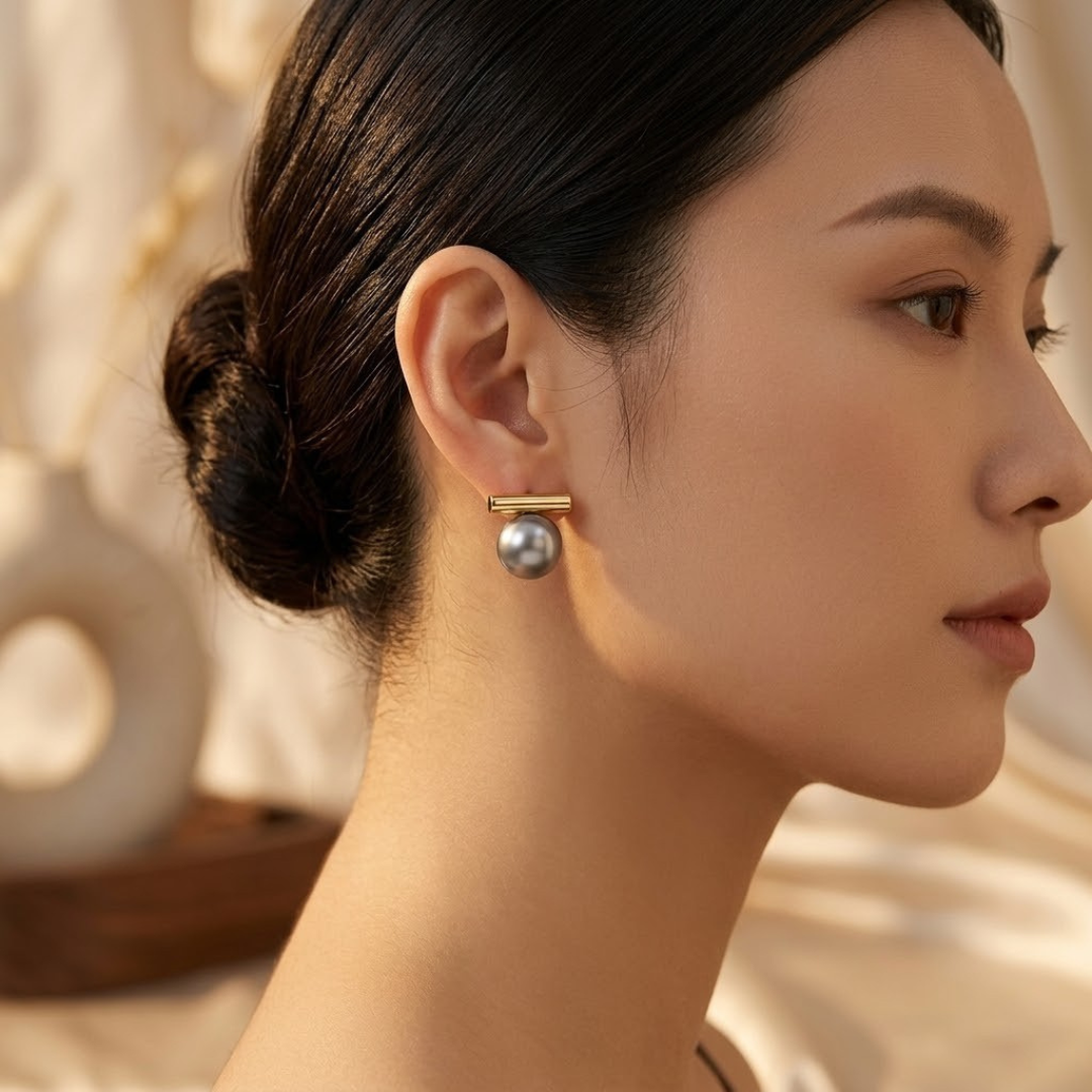 Boucles d'oreilles puces Barrette Dorée et Perle
