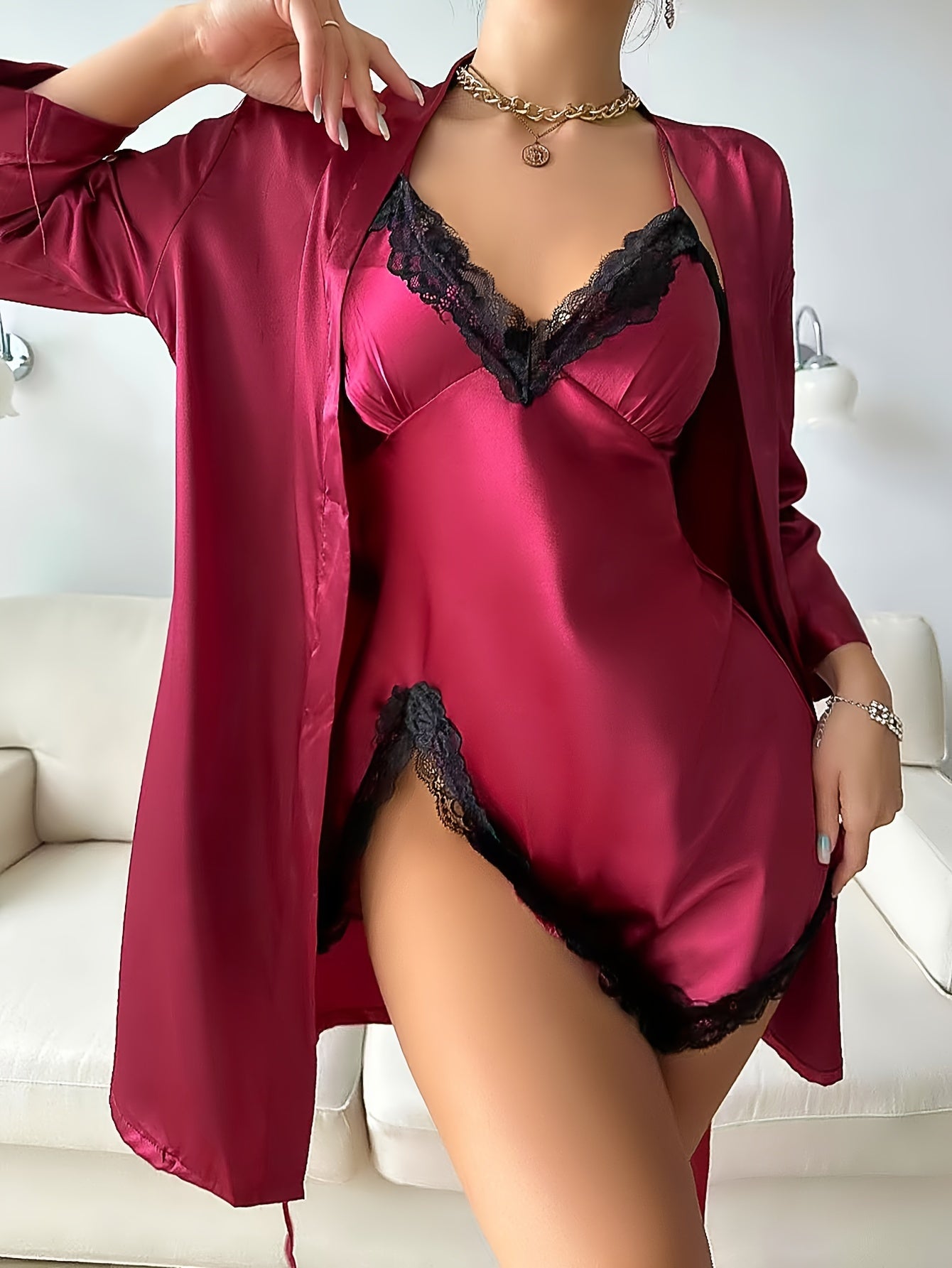 Elvira Robe & V-Neck Lace Slip Set