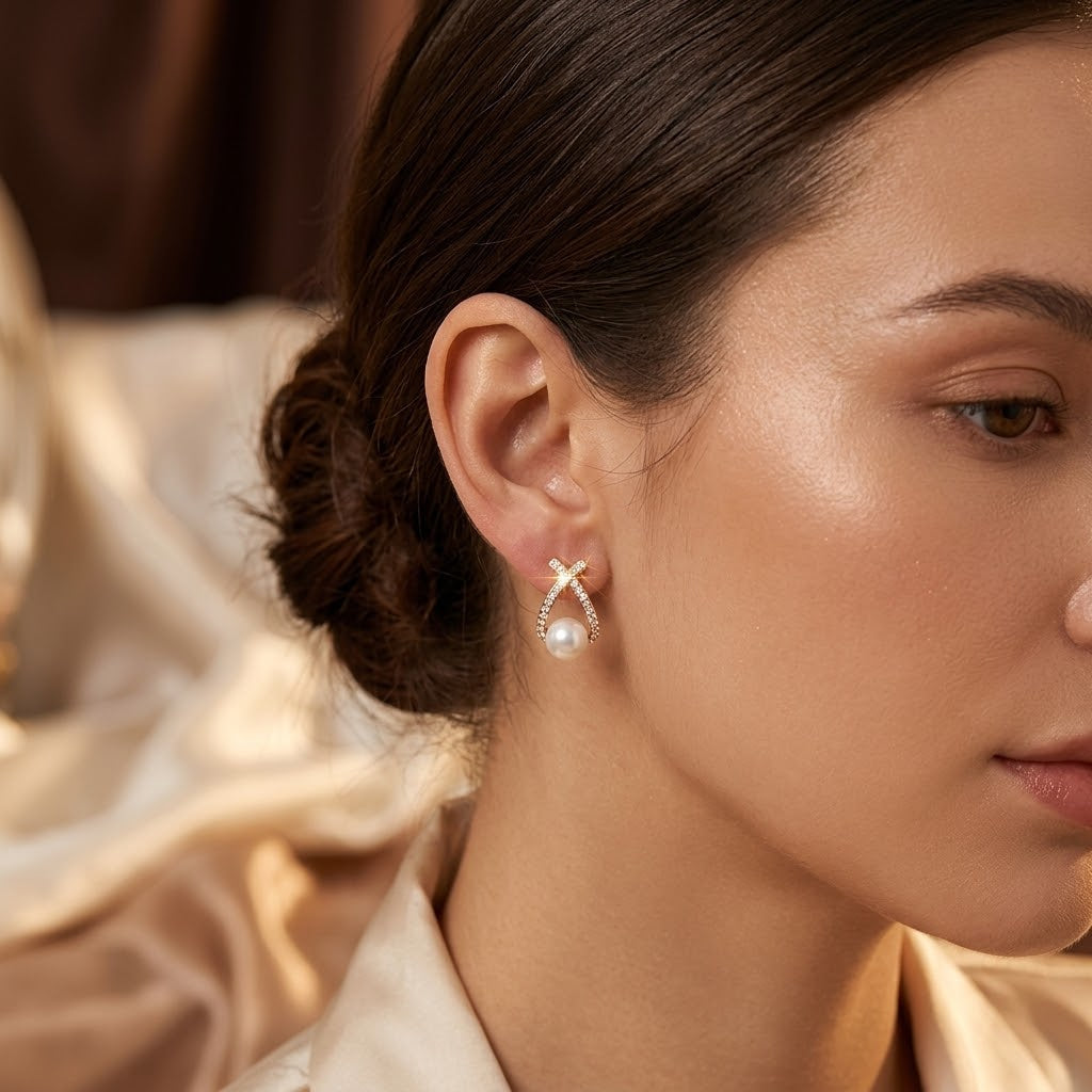 Boucles d'oreilles puces en perles dorées entrecroisées