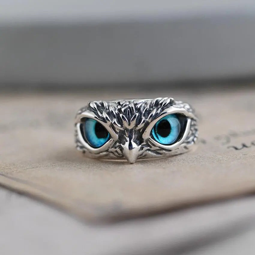 Bague ajustable Chouette porte-bonheur en argent et opale