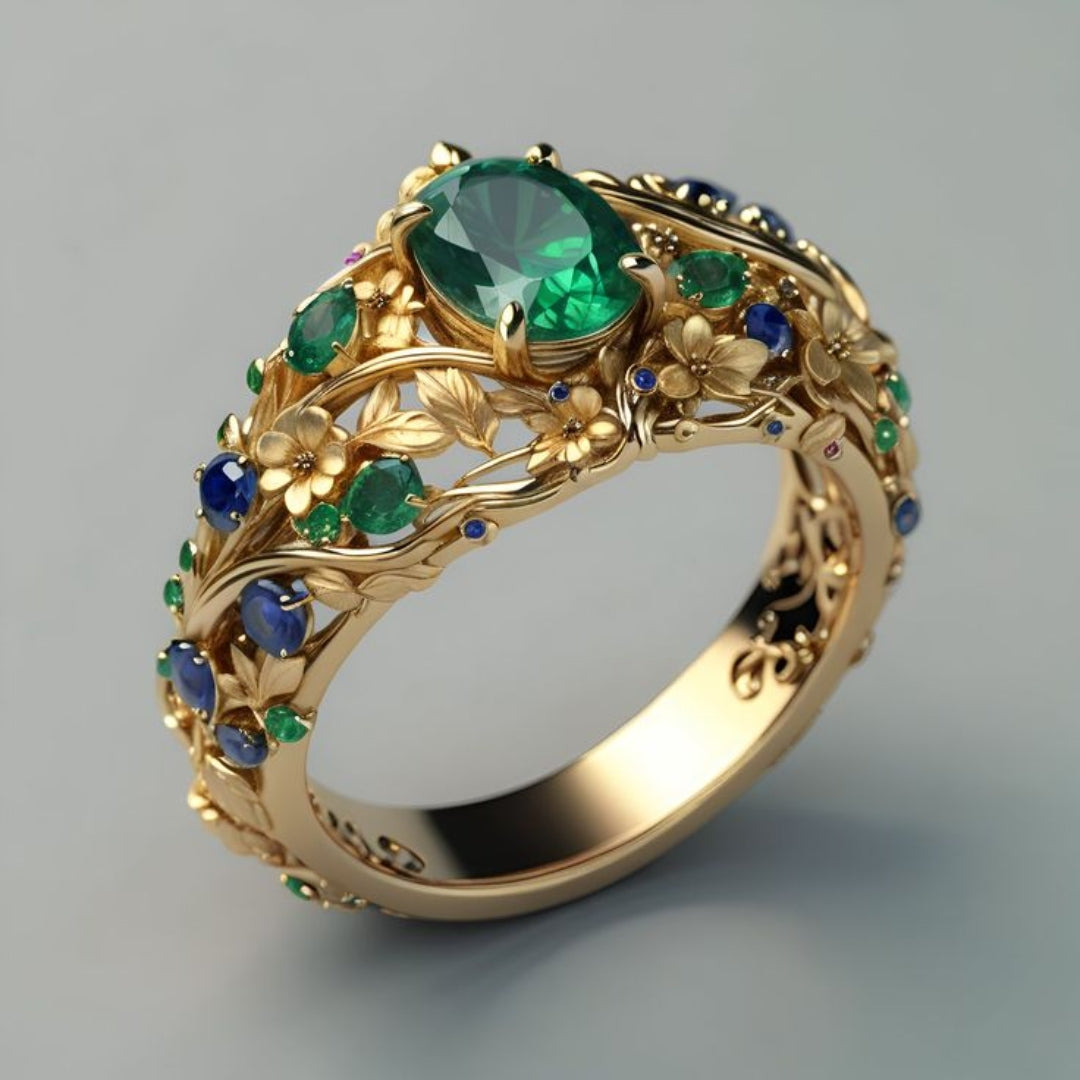 Bague luxueuse élégante émeraude et saphir
