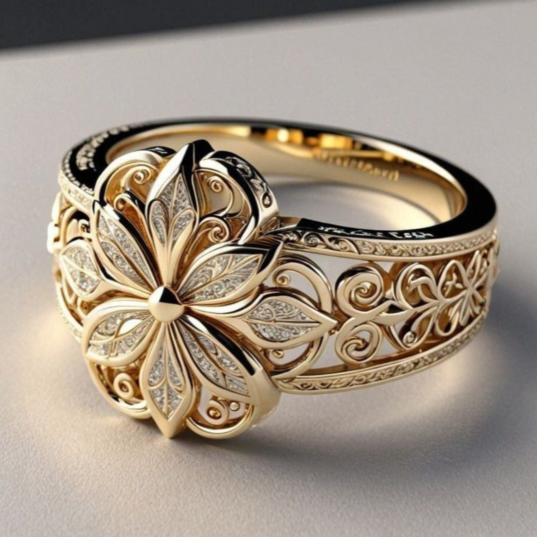Anillo exótico de oro con circonia y flor