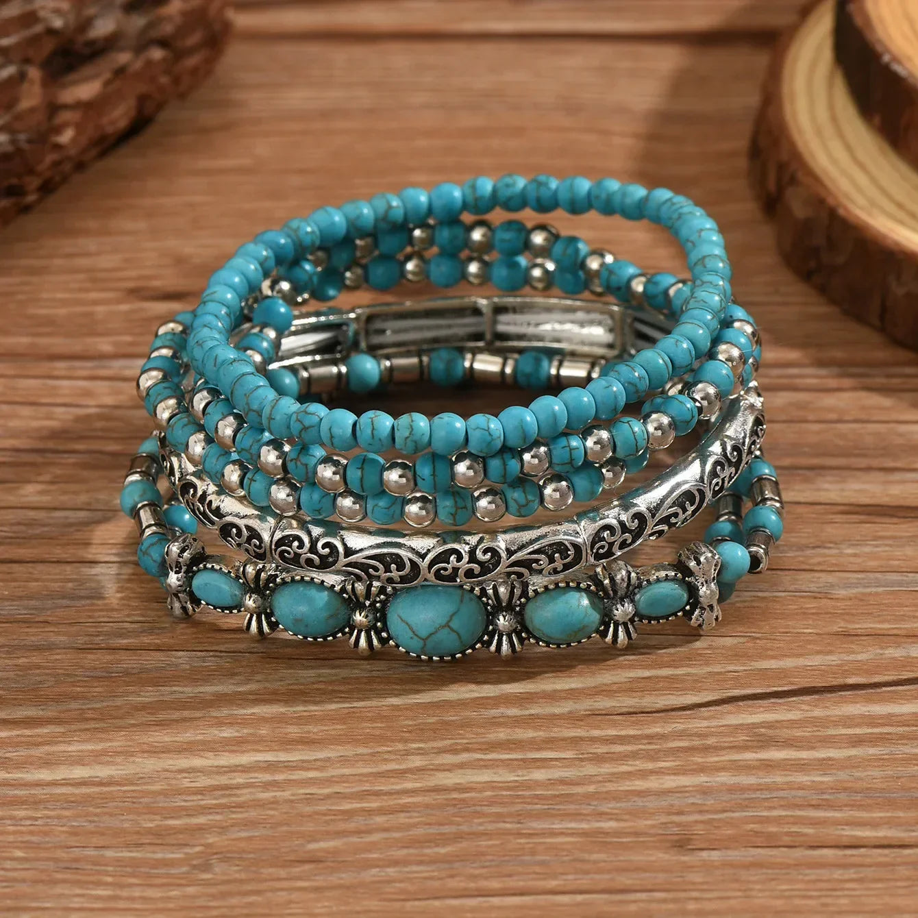 Conjunto de pulseras bohemias con cuentas turquesa