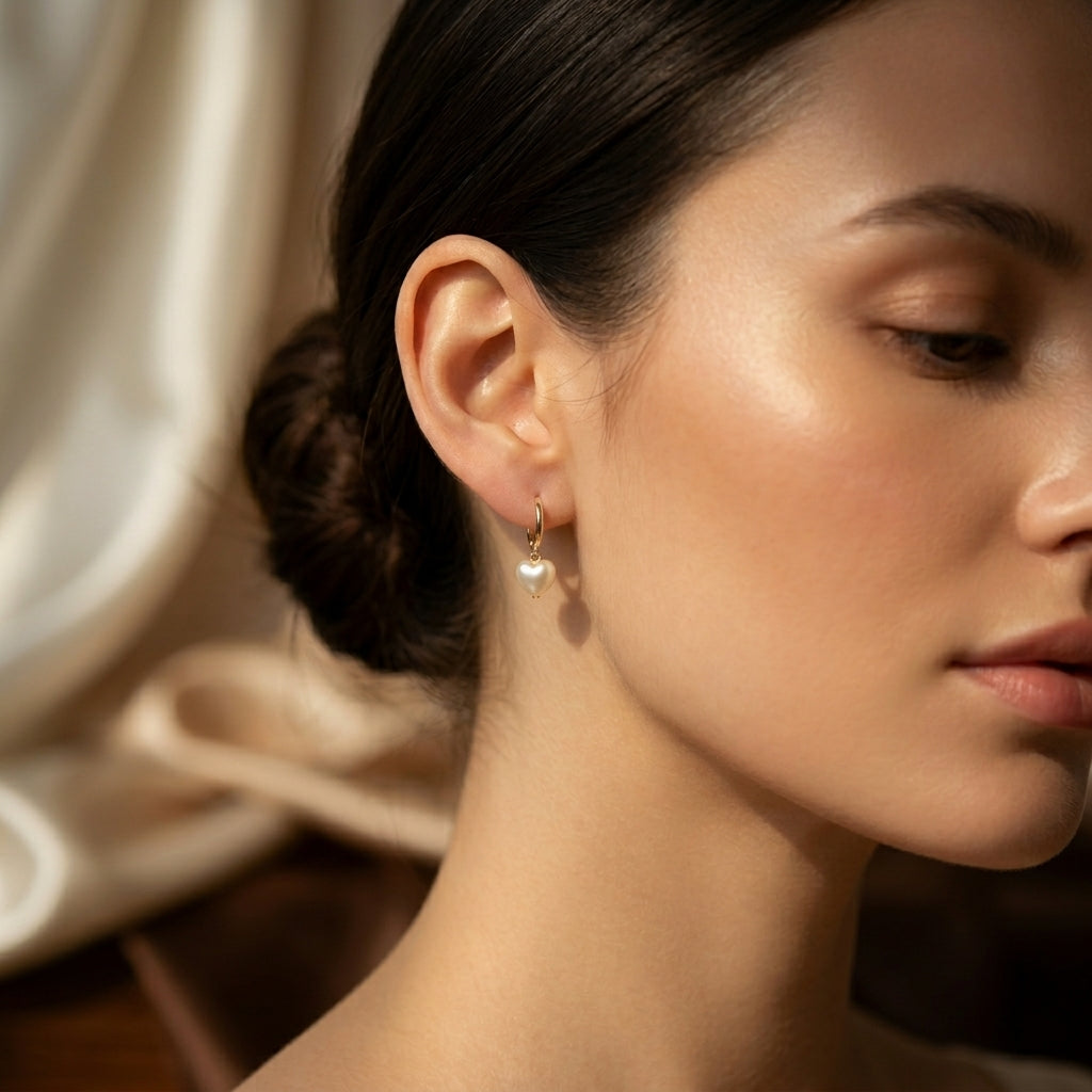 Boucles d'oreilles pendantes cœur en perle dorée
