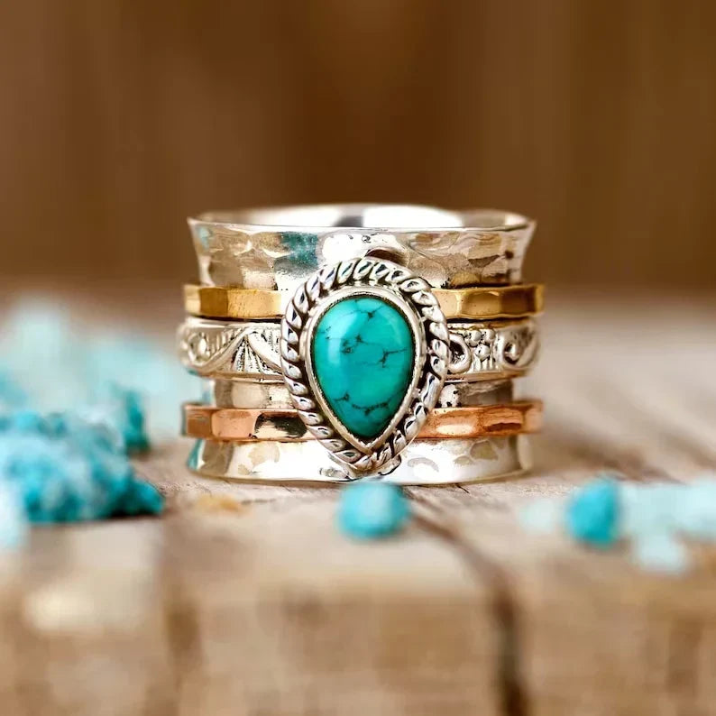 Bague vintage dorée et argentée incrustée de turquoise