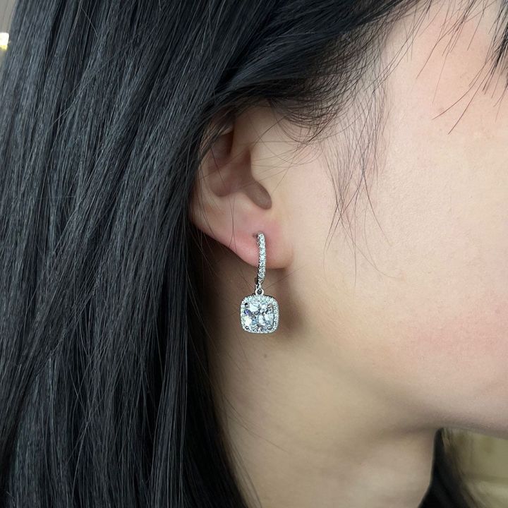 Square Halo Moissanite Drop Earrings | White Gold