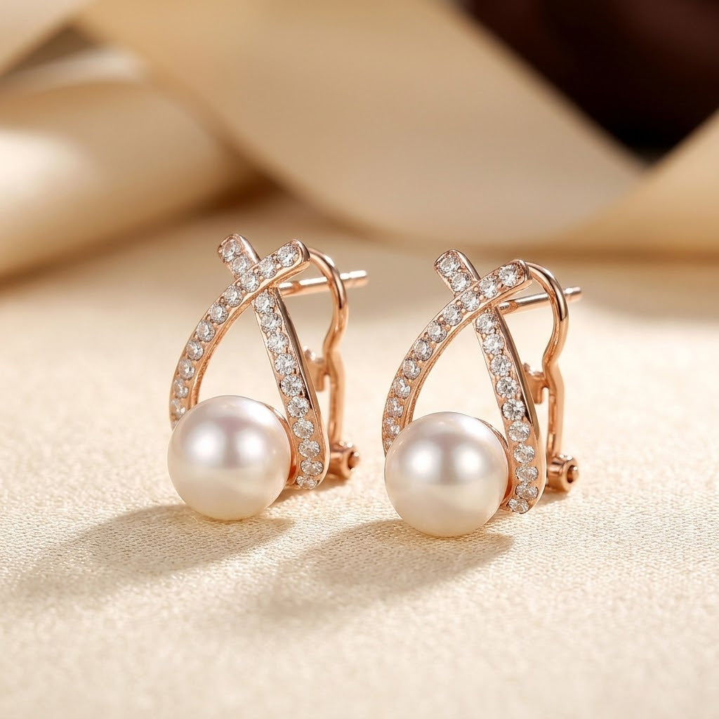 Boucles d'oreilles puces en perles dorées entrecroisées