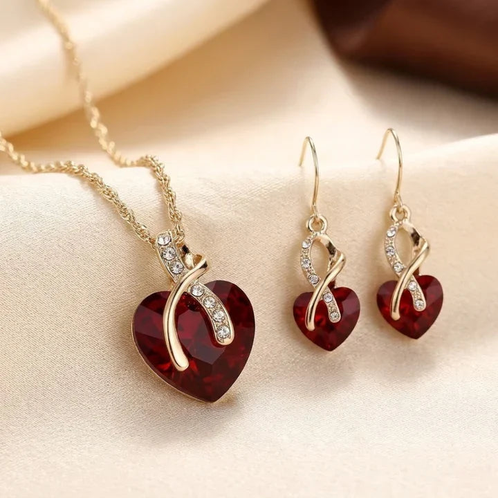 Ensemble de bijoux cœur torsadé rubis en or