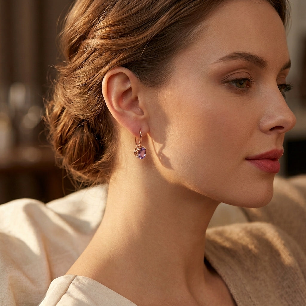 Boucles d'Oreilles Puces Améthyste Or Rose