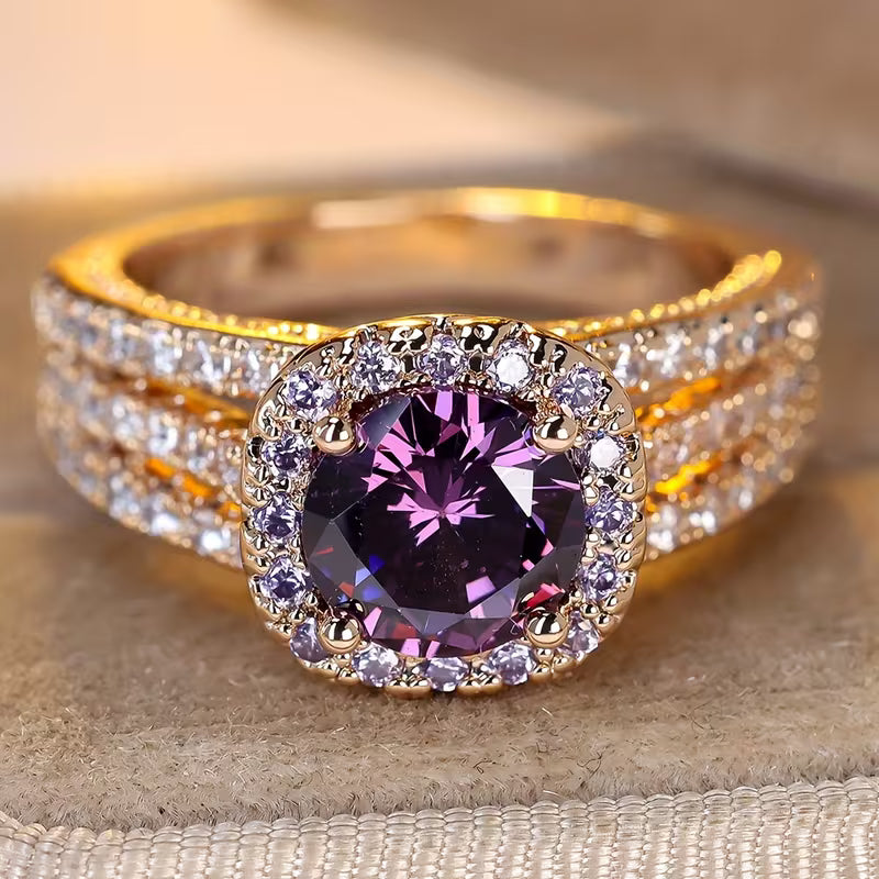 Bague halo améthyste en or