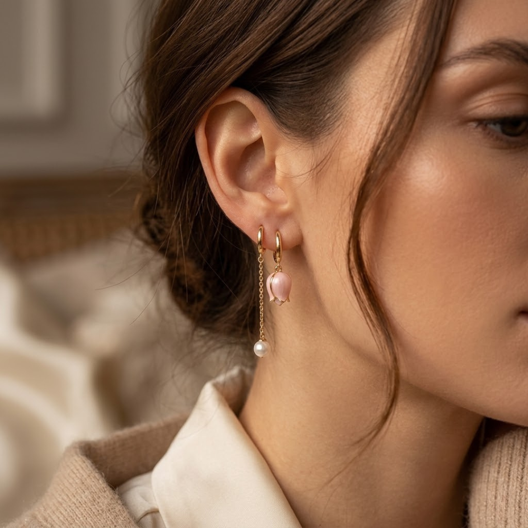 Boucles d'Oreilles Pendantes Florales Perle et Or