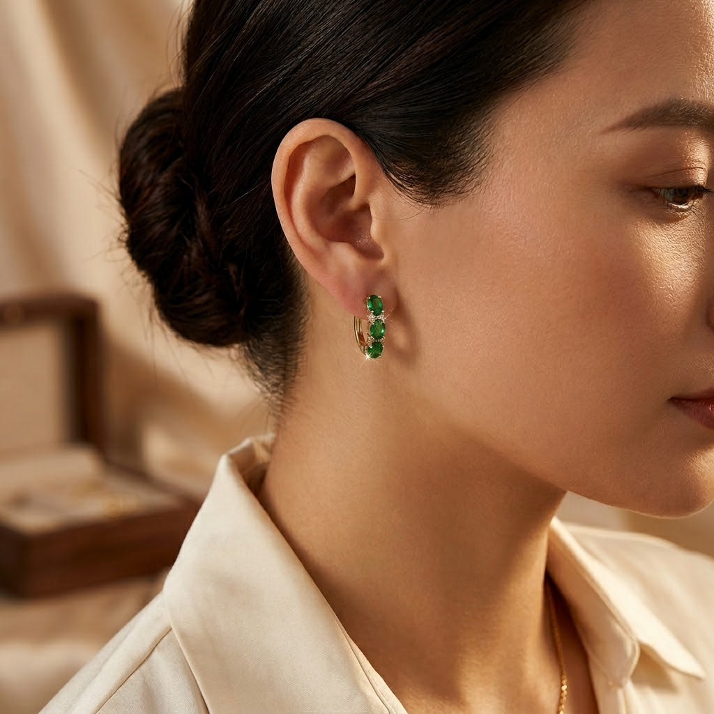 Boucles d'oreilles créoles verticales émeraude et or