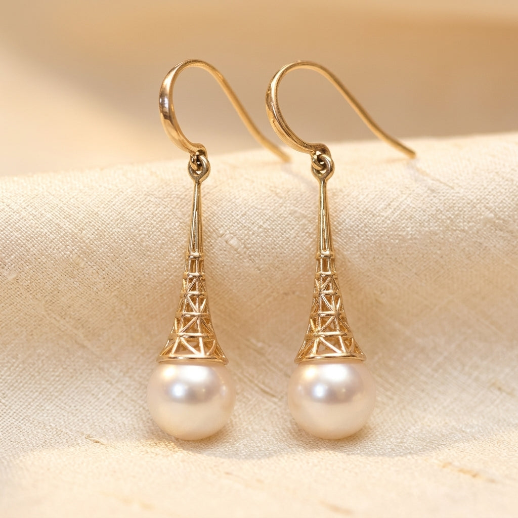 Boucles d'oreilles pendantes filigrane perle en or