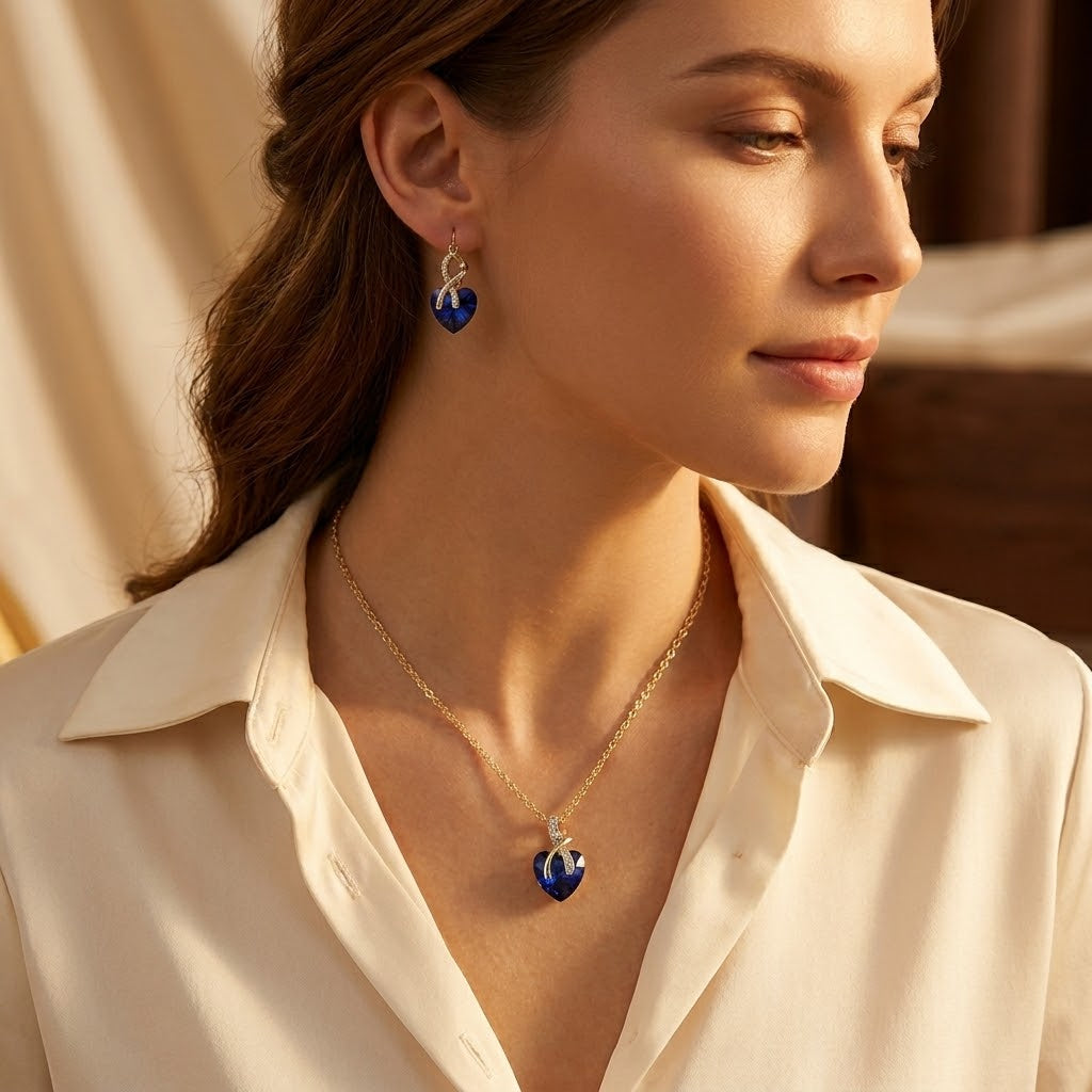 Parure Collier et Boucles d'Oreilles Cœur Saphir Doré