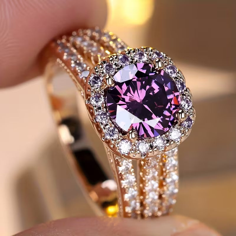 Bague halo améthyste en or