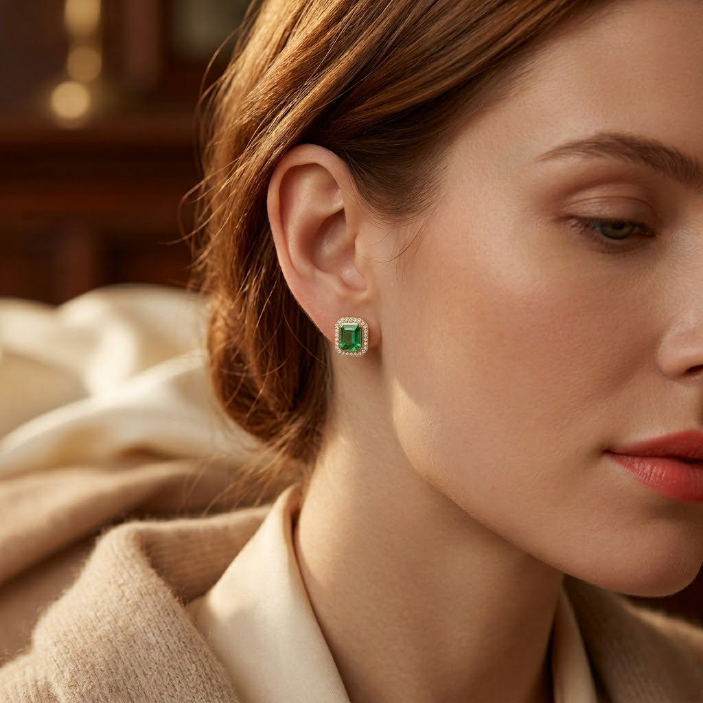 Boucles d'Oreilles Puces Halo Carré en Or et Émeraude