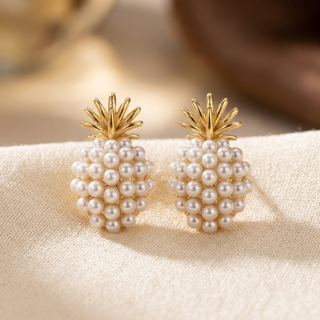 Boucles d'oreilles puces en grappe de perles dorées