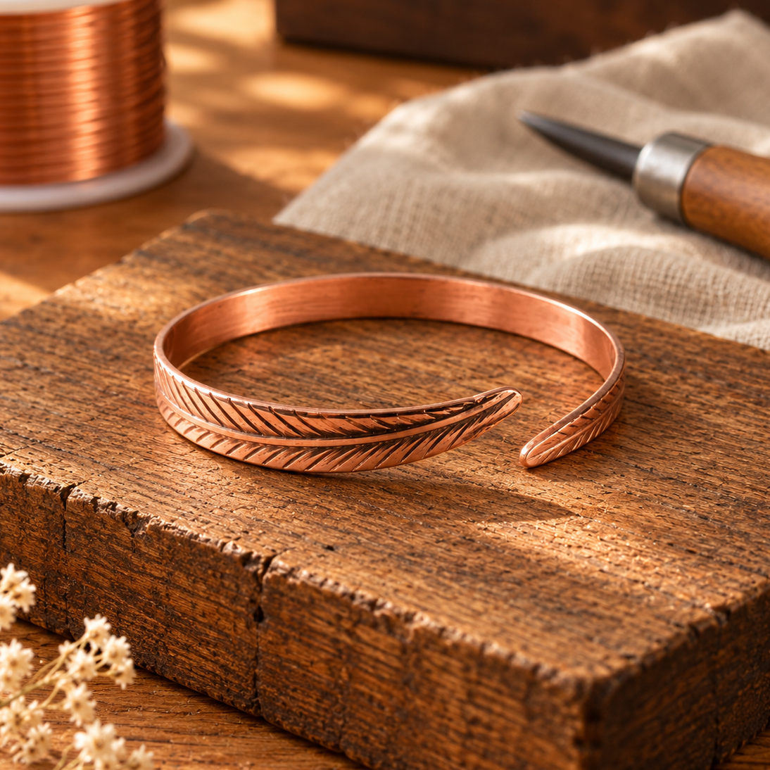 Bracelet Manchette en Cuivre Plumes