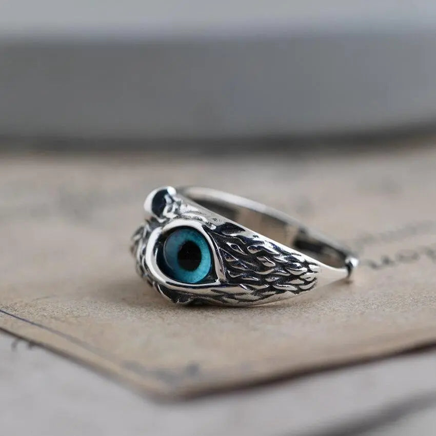 Bague ajustable Chouette porte-bonheur en argent et opale