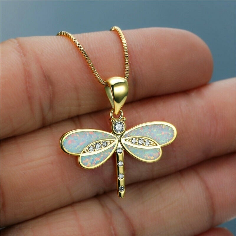 Collier libellule doré avec opale