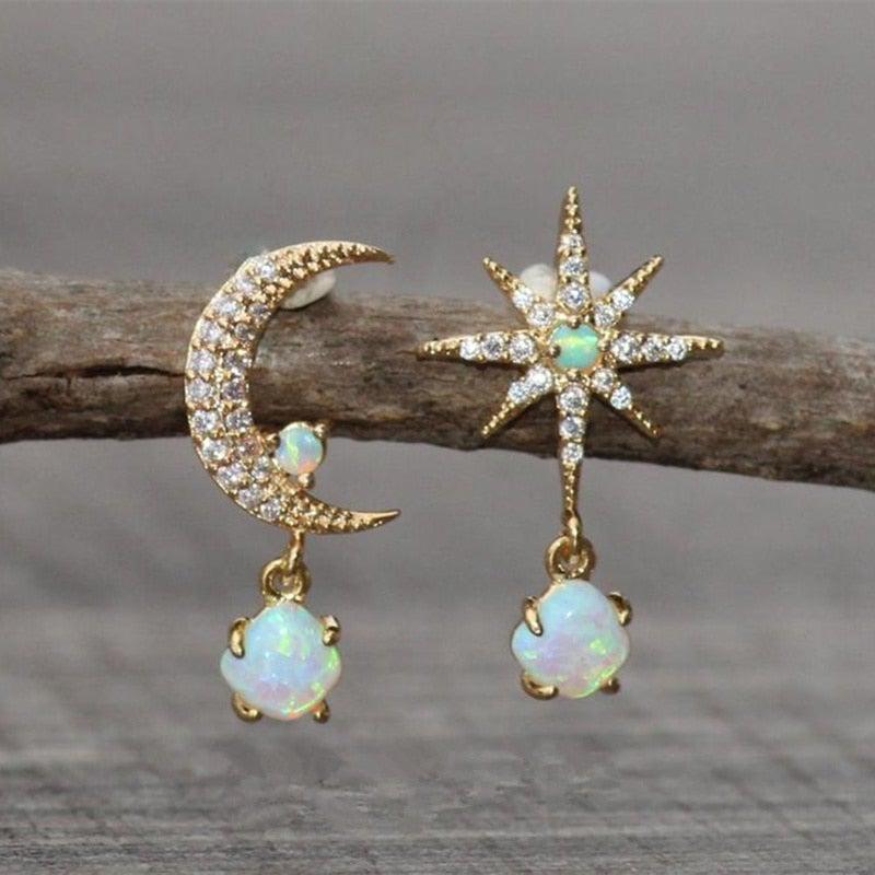 Offre : Boucles d’oreilles Lune et Étoile en or et opale