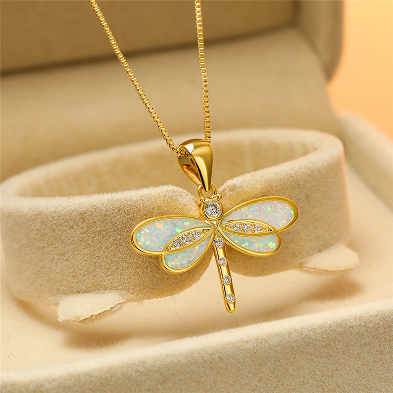 Collier libellule doré avec opale