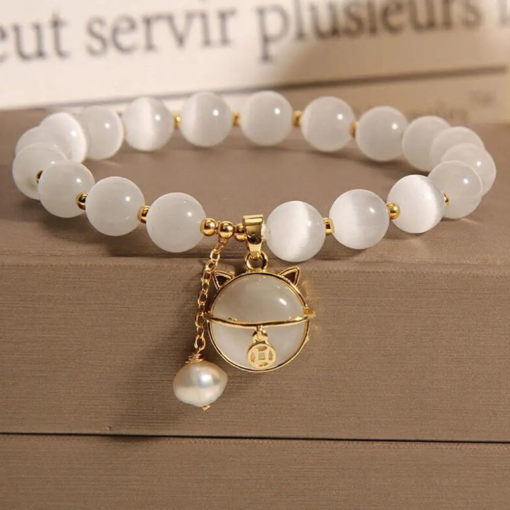 Pulsera de perlas con colgante de gato de la suerte
