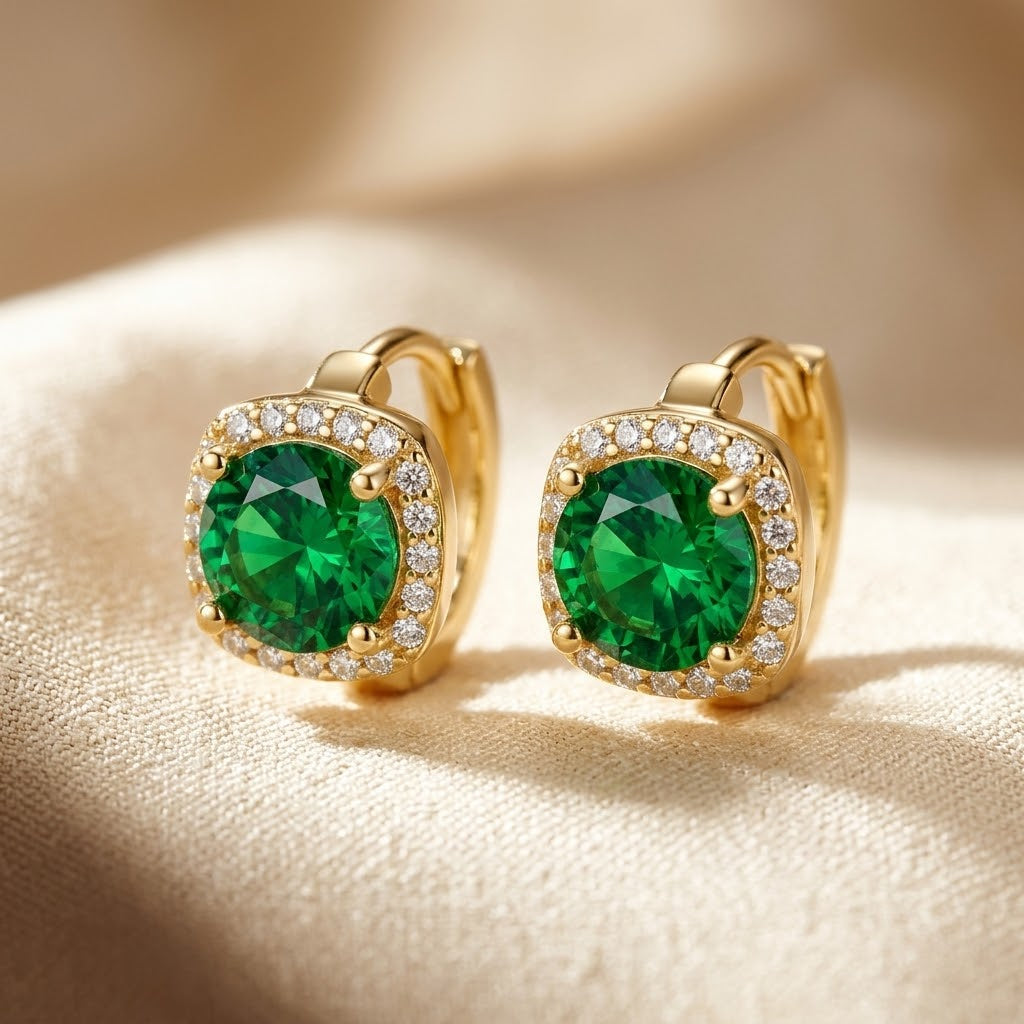 Boucles d'Oreilles Créoles Halo Émeraude Dorées