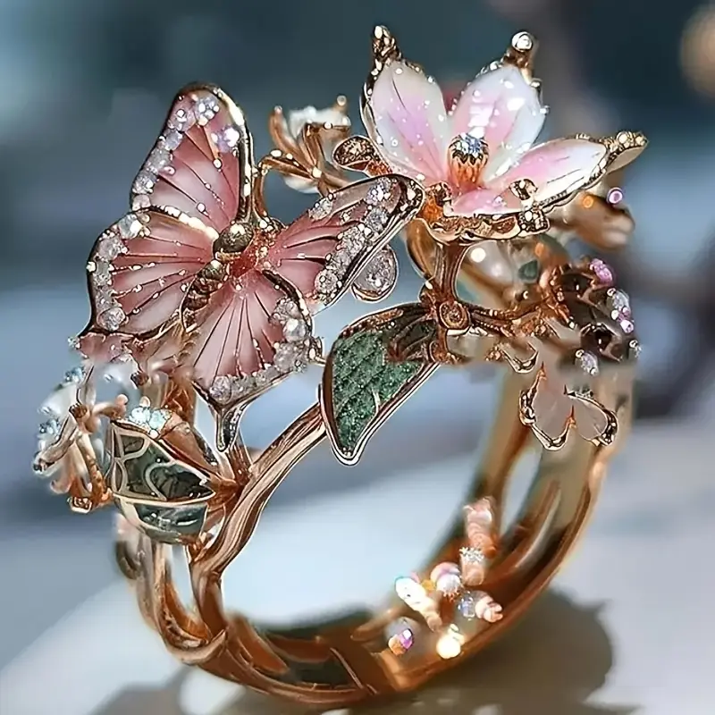 Anillo luminoso de mariposa de inspiración natural con zirconia